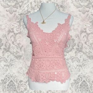 Pink Crochet Boho Coquette Lace Sleeve Sheer Women’s Small Summer Beach Tank